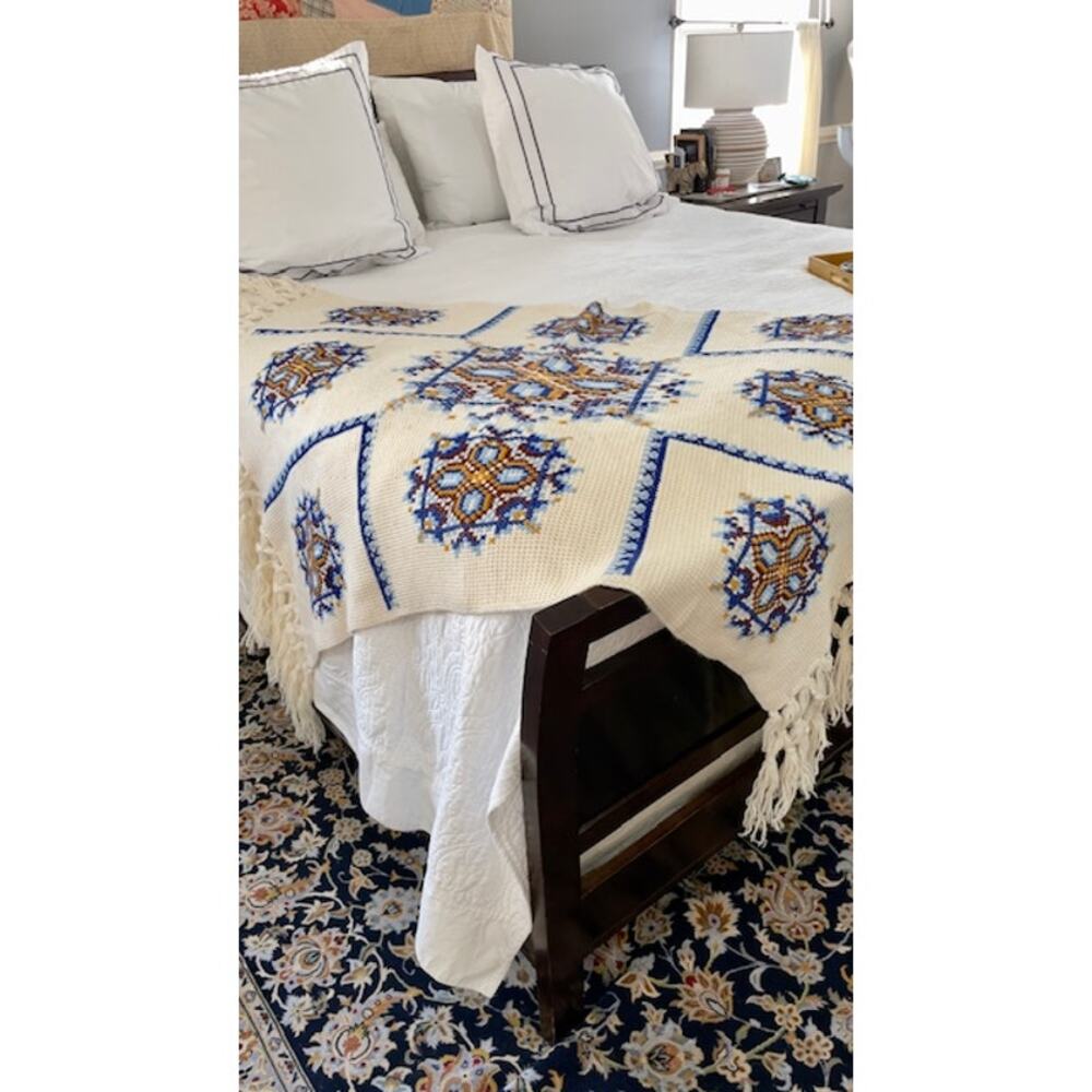 Handmade Knitted Needlepoint Style Afghan Throw Blanket 40x60 Blue Gold Cottage